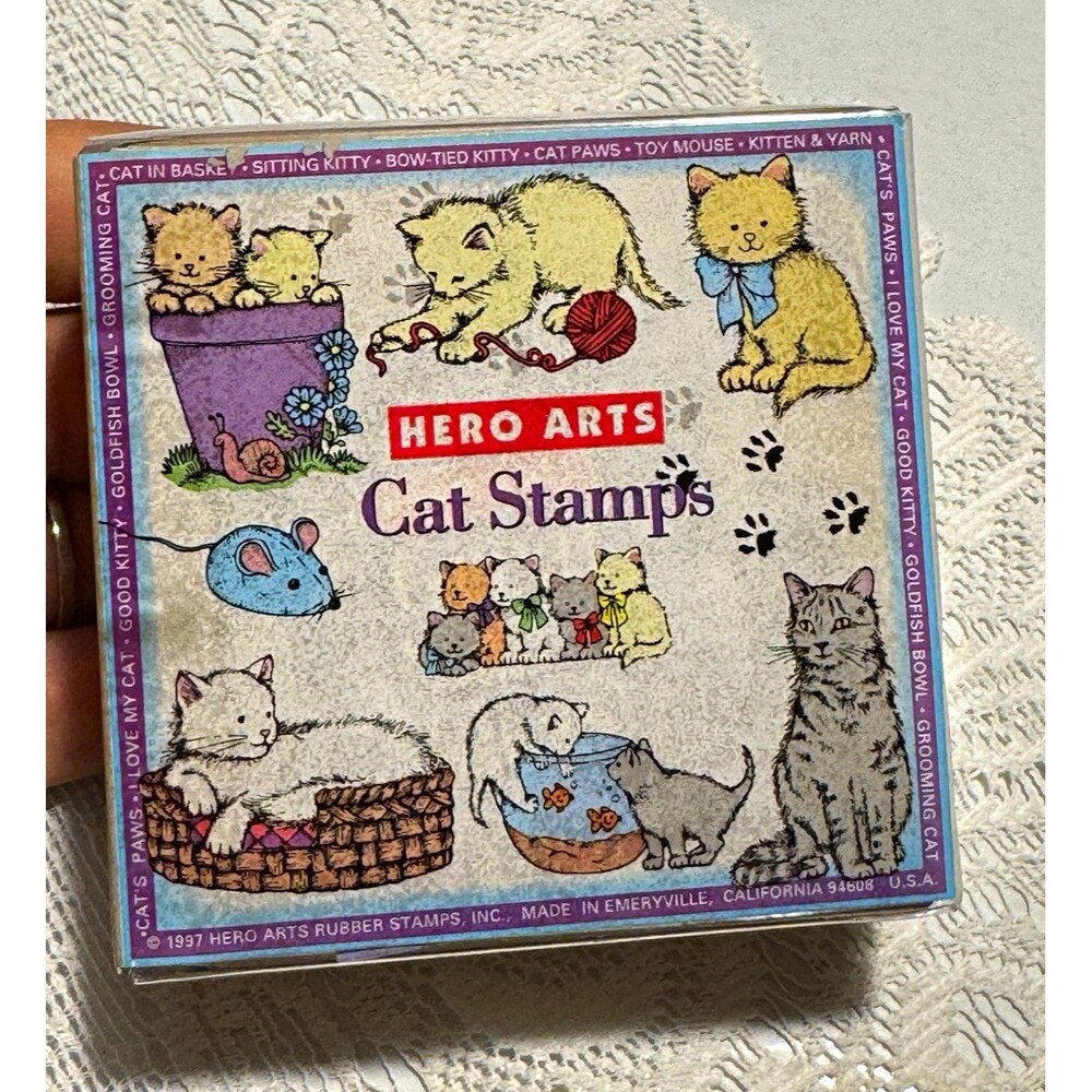 Hero Arts Cat Stamps Vintage Rubber Wood Mounted 9 Stamp Set 1997